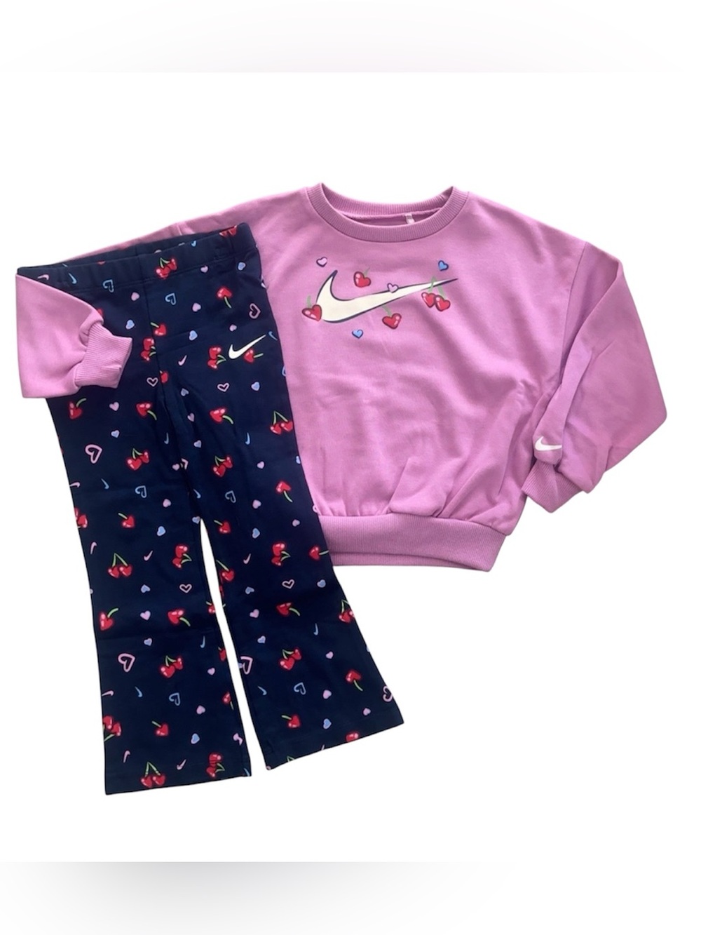 Nike Girls 4T 2pc Set Cherry Heart Print Sweatshirt & Flare Legging Pants NWT